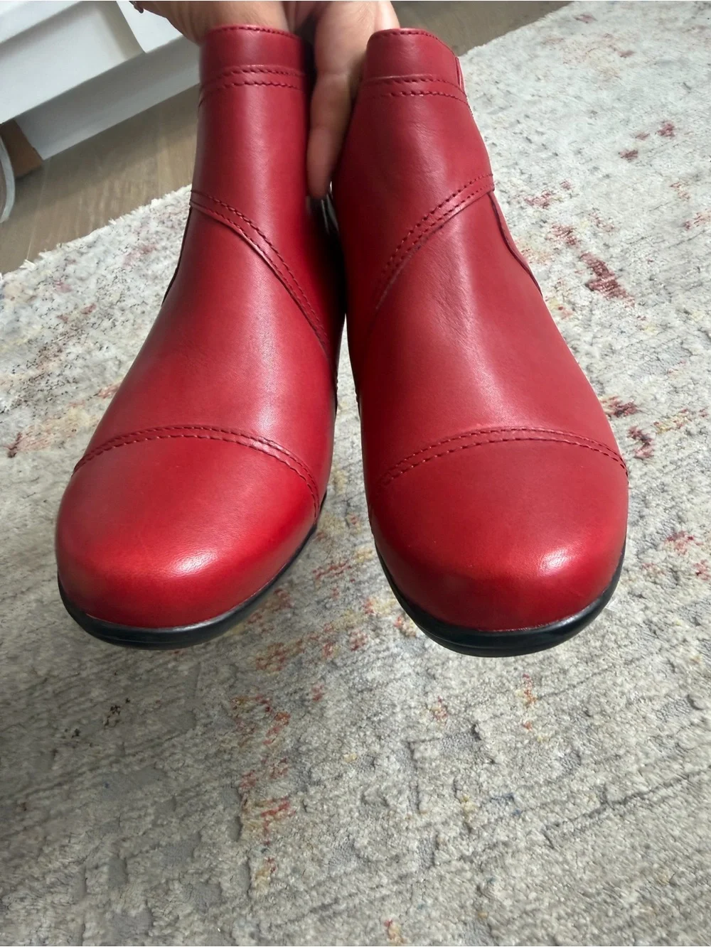 Clarks Red Leather Ankle Booties with Side Zip, size 8